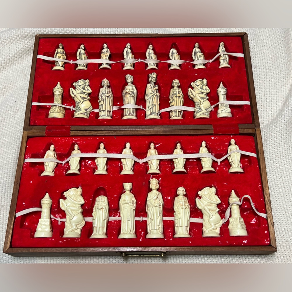 Vintage Hand Carved Lewis Chessmen Chess Set Import Complete 1 missing head RARE